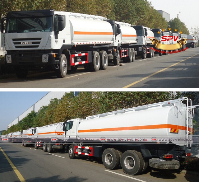 Lots of IVECO Fuel Tank Trucks (20,000 liters) parted tidily for delivery IVECO Fuel Tank Trucks (20,000 liters) are parked in our factory